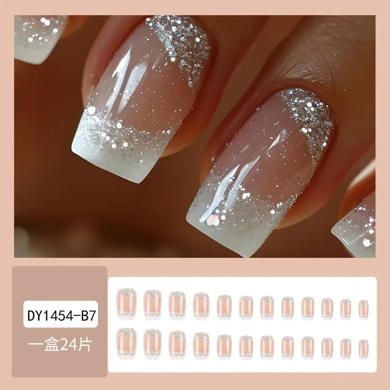 24 Pcs Fake Nails with Design White French Glitter Press On Nails