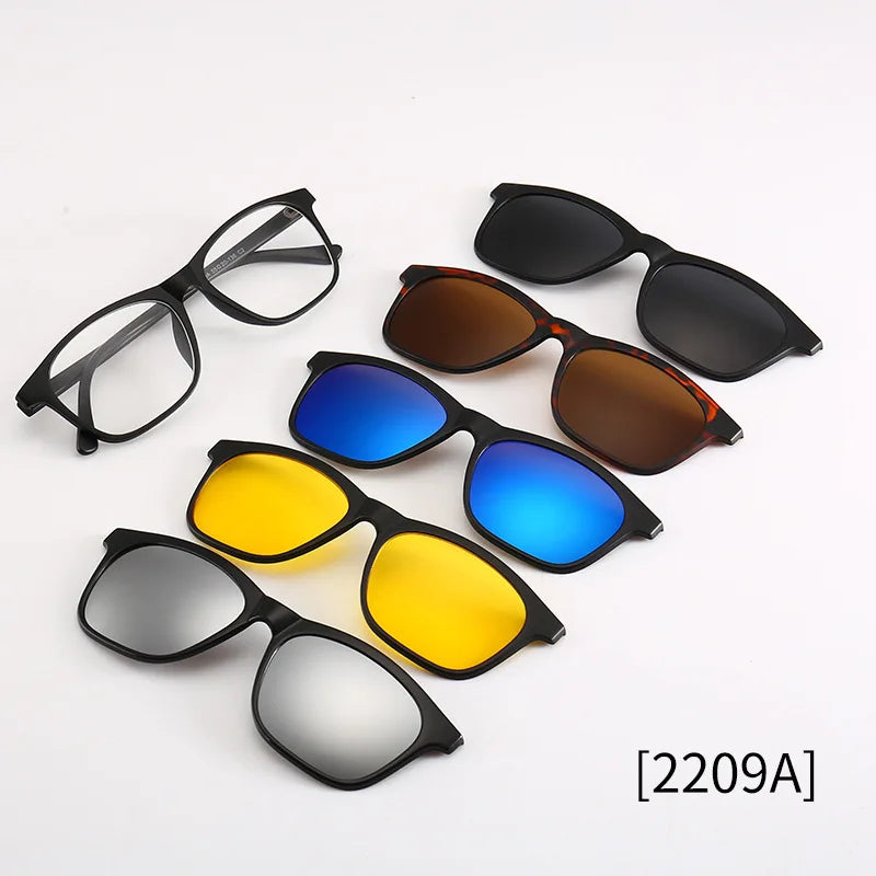 6 In 1 Spectacle Frame Men Women with Clip On Polarized Sunglasses