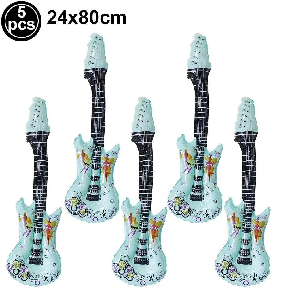 5 Piece PVC Musical Instrument Inflatable Balloon Set with Guitar and Microphone for Kids Birthday and Retro Party Decorations
