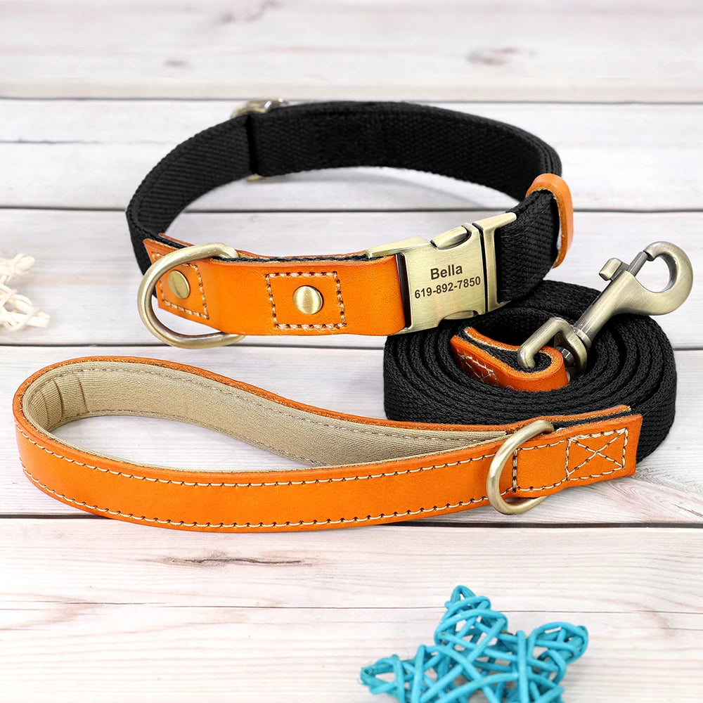Nylon Custom Dog Collar and Leash Set with Personalized Genuine Leather Nameplate ID Tag for Puppies