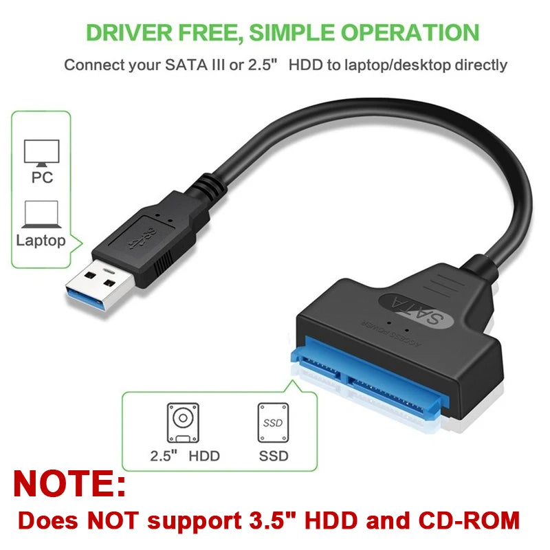 Cable SATA a USB 3.0/2.0 de hasta 6 Gbps para disco duro externo HDD SSD de 2,5 pulgadas Adaptador SATA 3 de 22 pines Cable USB 3.0 a Sata III