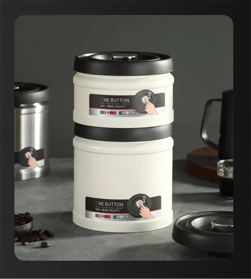 Coffee Bean Vacuum Sealed Canister 304 Stainless Steel Press Type Storage for Grains Tea and Nuts Kitchen Crisper Box