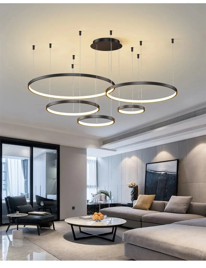 Black Rings Modern Minimalist Dimmable Pendant Light for Living Room and Restaurant Remote Control Chandelier Home Decor