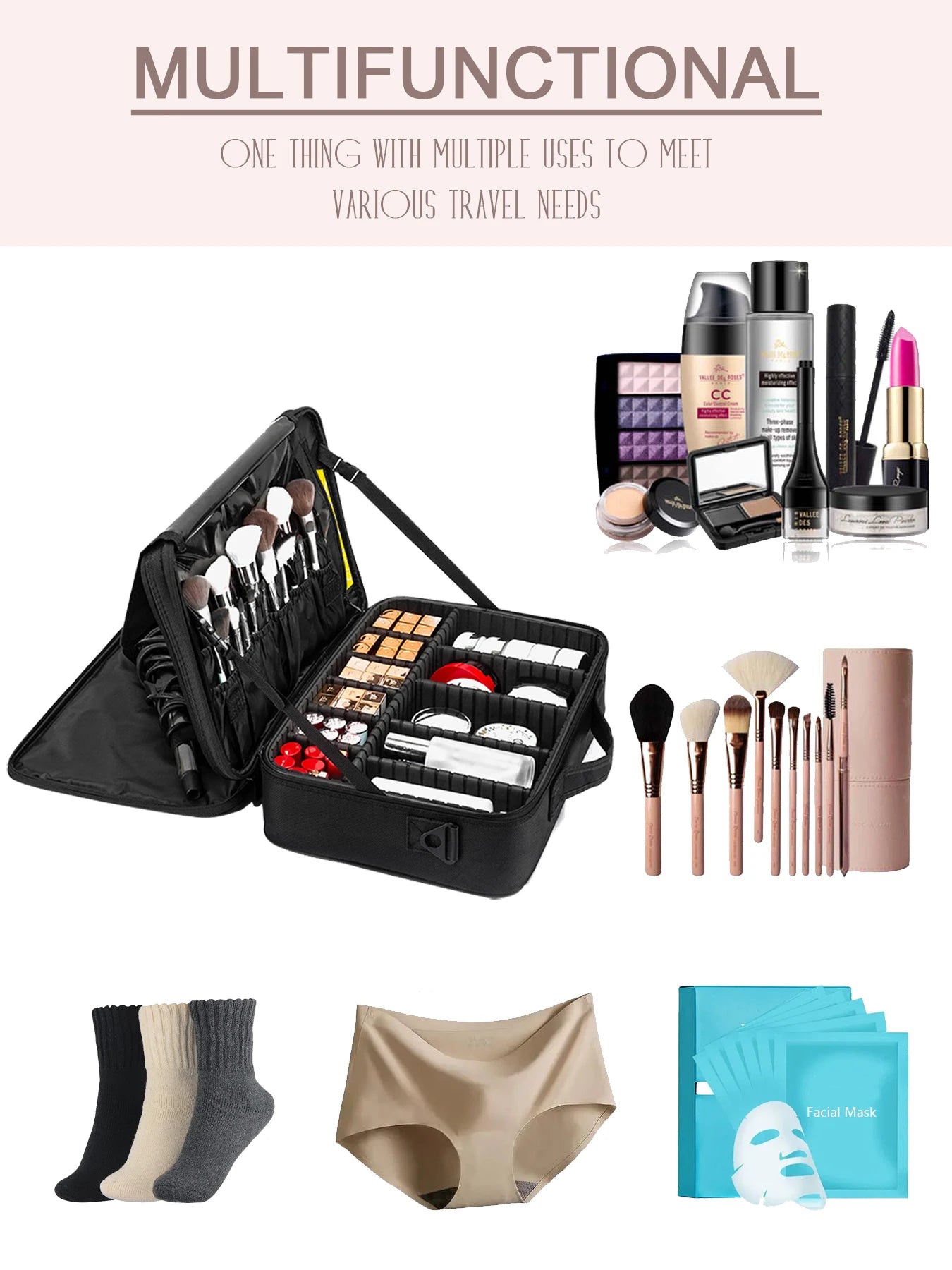 Three Layer Waterproof Oxford Cloth Cosmetic Case with Manicure Makeup Toolbox and Travel Underwear Storage