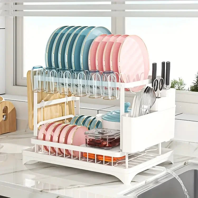 2 Tier Large Stainless Steel Dish Drying Rack with Drainboard for Kitchen Counter - Multifunctional Dish Drainer for Plates and Cups