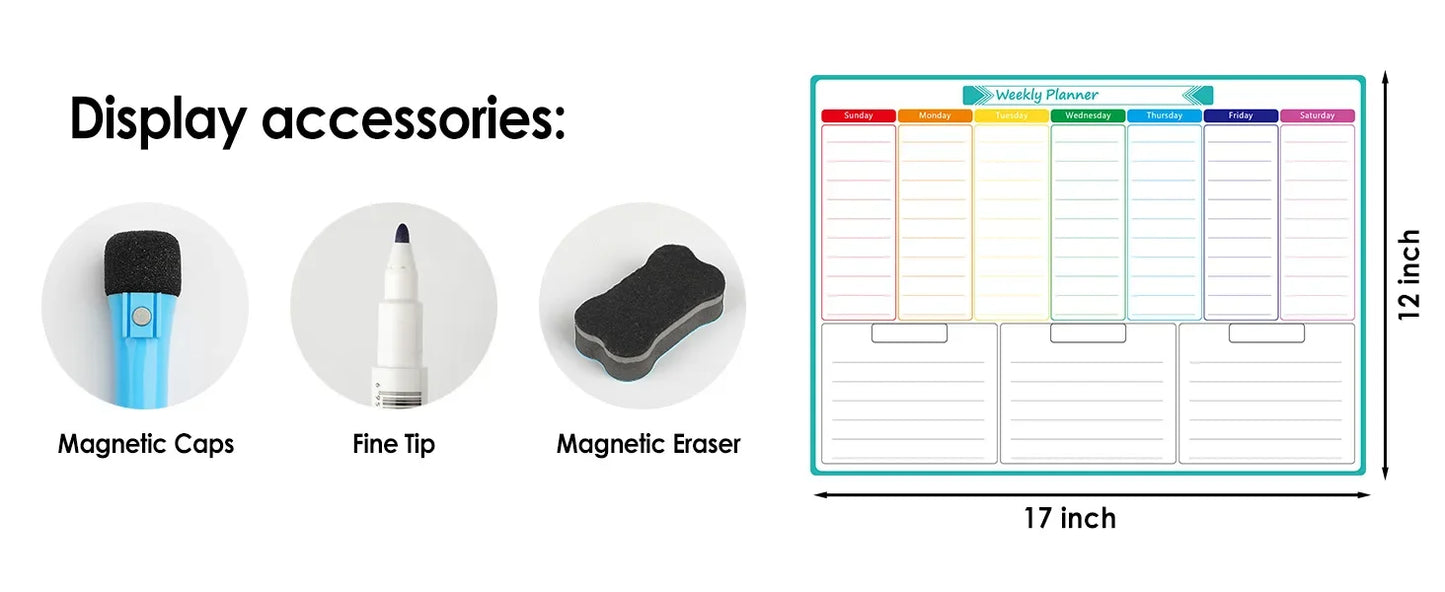 Magnetic Dry Erase Whiteboard Calendar Planner for Refrigerator with Markers and Eraser - Daily Weekly Monthly Organizer