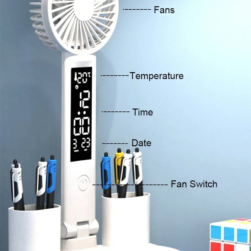 Multifunctional 3 Color LED Desk Lamp with Clock Fan and USB Charging Four Headed Folding Design