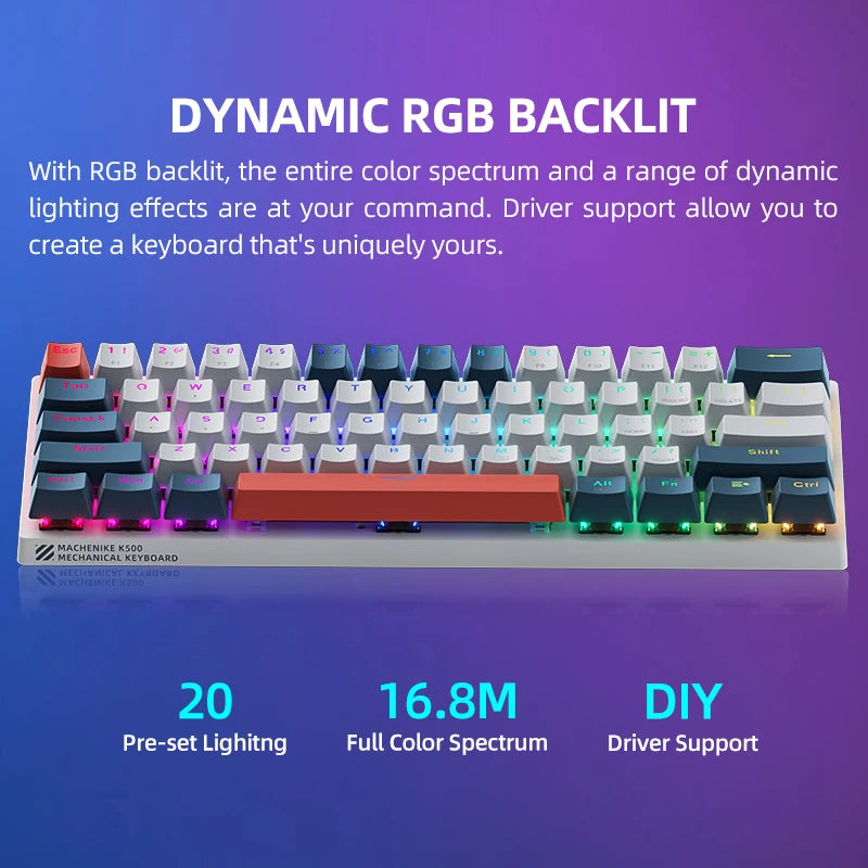 Mini teclado mecánico Machenike K500-B61, factor de forma del 60 %, 61 teclas, teclado para juegos con cable, teclas completas, retroiluminación RGB intercambiables en caliente