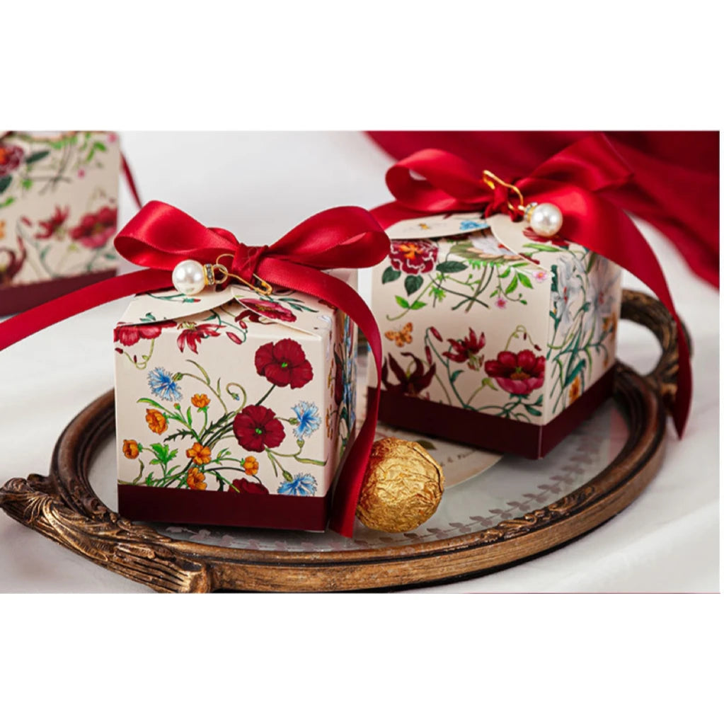 Mori Series Hand-Painted Plant Wedding Favor Candy Boxes 20 or 50 Pieces with Ribbon for Party Chocolate Packaging