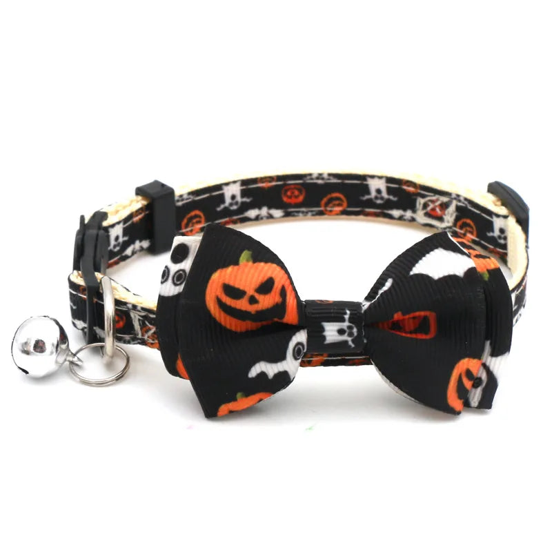 Puppy Kitten Necklace Adjustable Safety Buckle Strap Chihuahua Bow Tie Pet Supplies Happy Halloween Cat Collar with Bell Bowknot