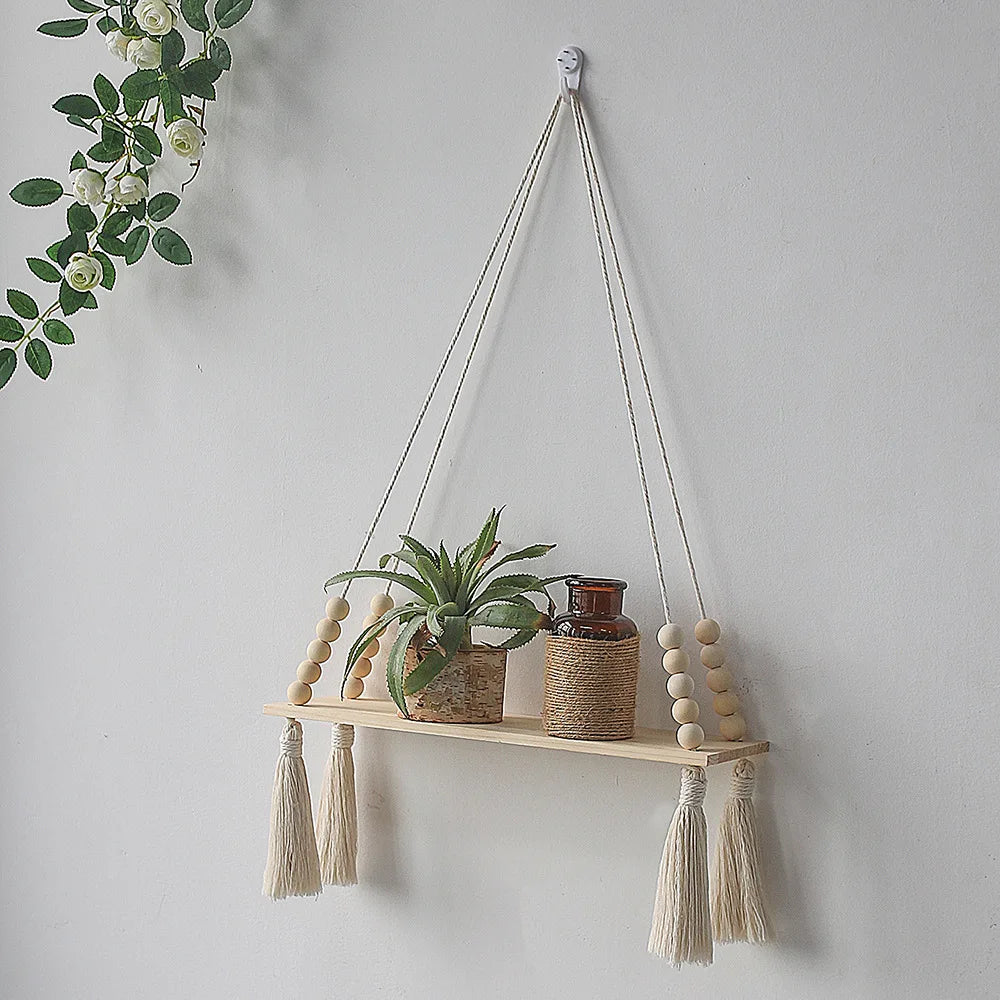 Wooden Wall Shelves Boho Floating Macrame Hangers Rustic Decor