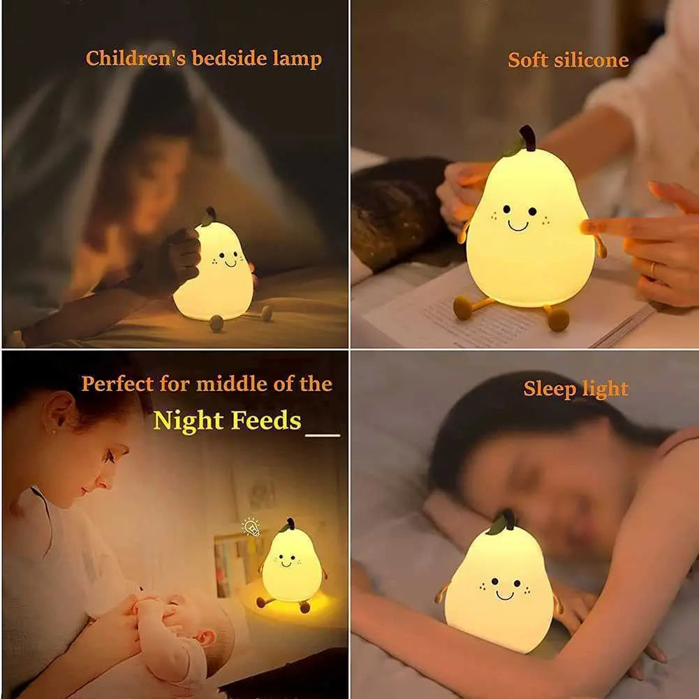 Pear Shaped Silicone Night Light for Kids Dimmable 7 Colors USB Rechargeable Cute Bedroom Lamp