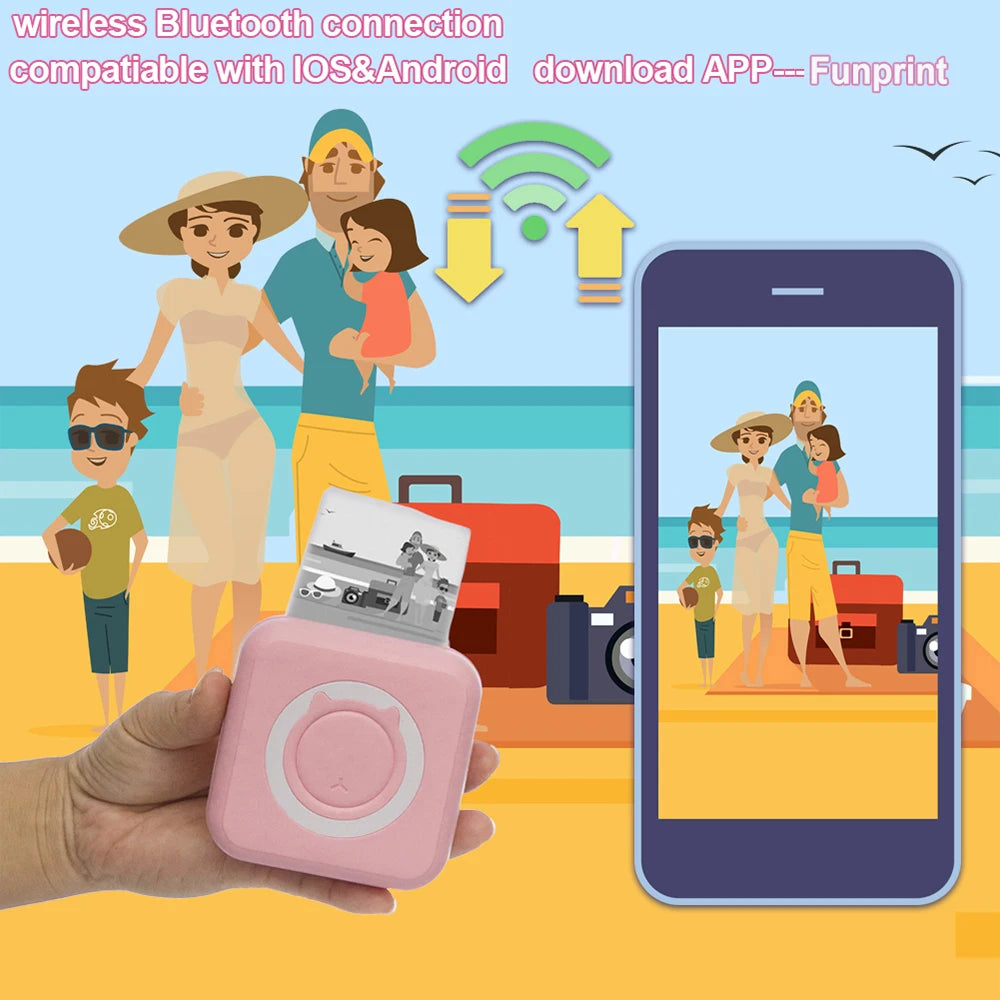 Portable Mini Thermal Printer Wirelessly BT 203dpi Photo Label Memo Printing with USB Cable