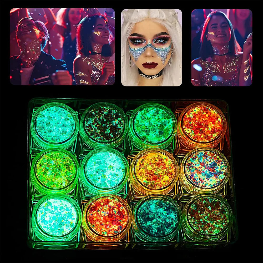 12 Colors Glow in The Dark Glitter Gel Makeup for Festivals and Parties UV Body and Face Glitter
