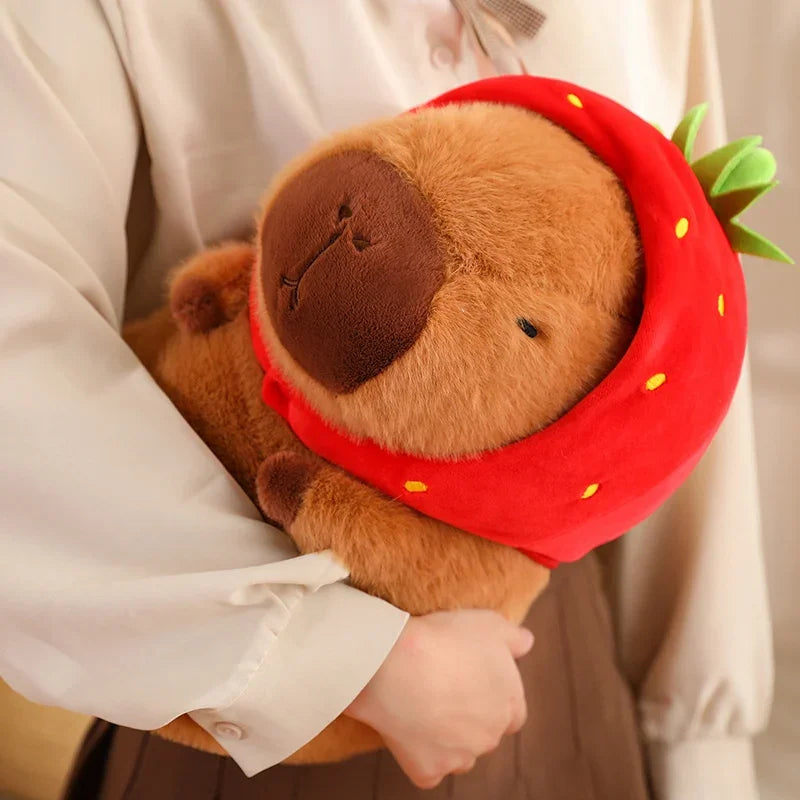 Strawberry Hat Capybara Plush Toy with Turtle Backpack Pendant