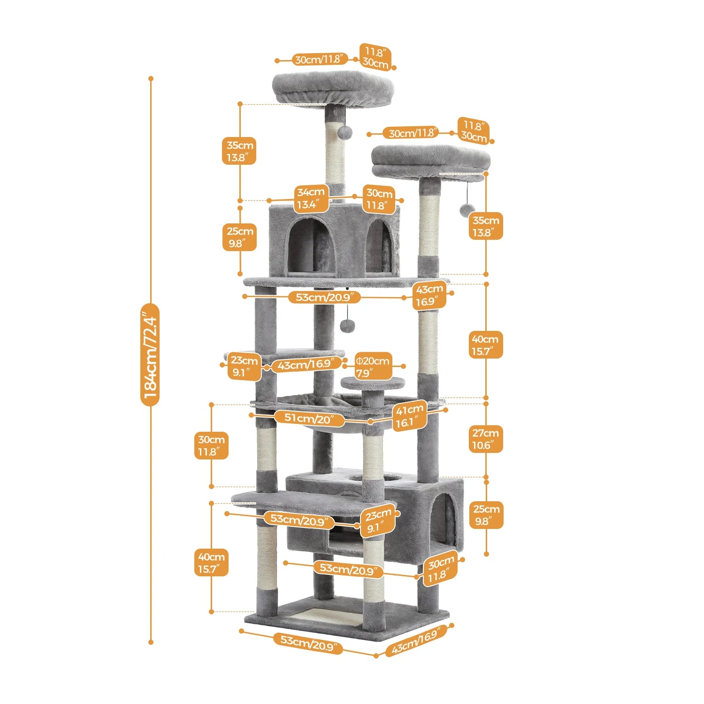 184cm Large Cat Tree and Tower for Indoor Cats With Scratching Posts and Spacious Hammocks