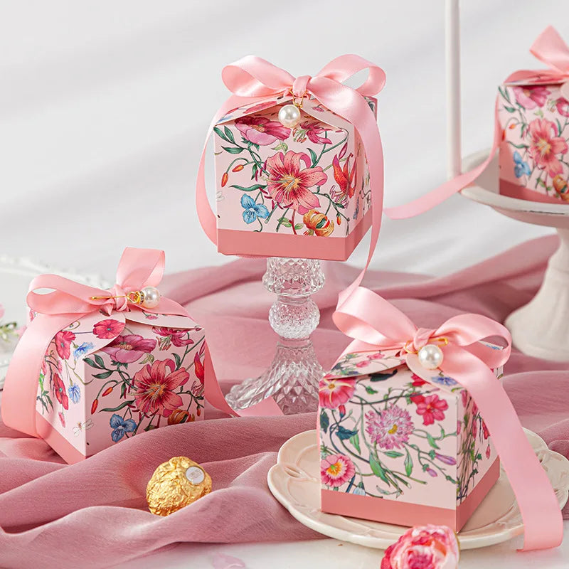 Mori Series Hand-Painted Plant Wedding Favor Candy Boxes 20 or 50 Pieces with Ribbon for Party Chocolate Packaging