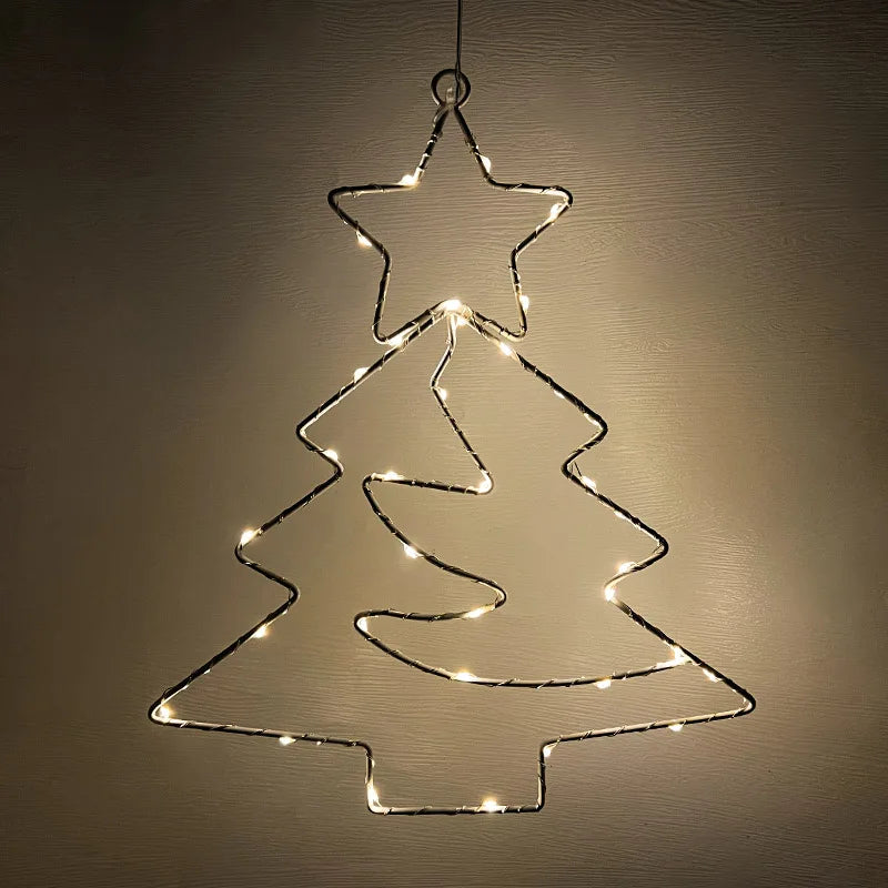 Xmas Tree Iron Frame LED Light String Window Hanging Ornament for 2024 Christmas and 2025 New Year Home Decoration