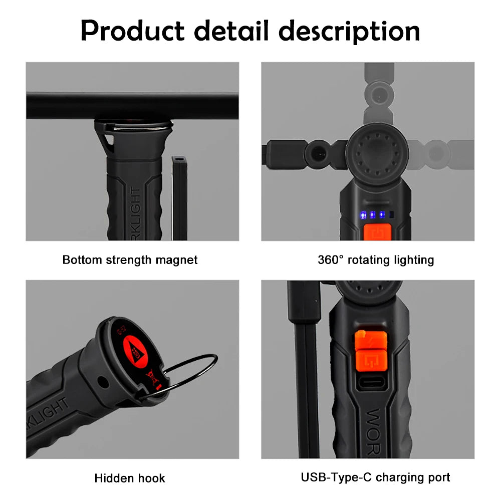 Rechargeable Work Lights LED Folding Flashlight Magnetic Base COB Light 360 Degree Rotate for Car Repair Home Garage Emergency Camping