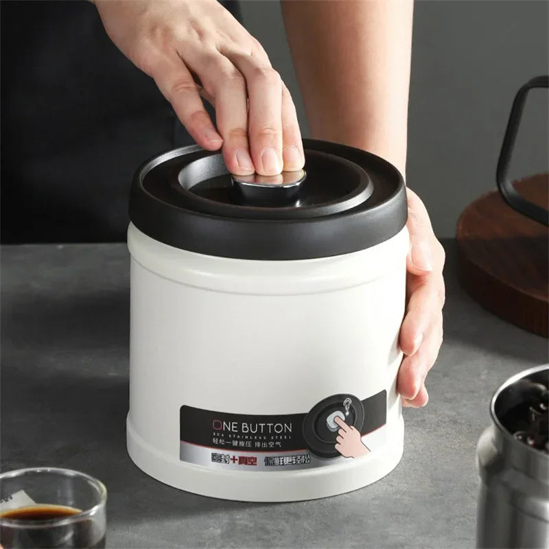 Coffee Bean Vacuum Sealed Canister 304 Stainless Steel Press Type Storage for Grains Tea and Nuts Kitchen Crisper Box
