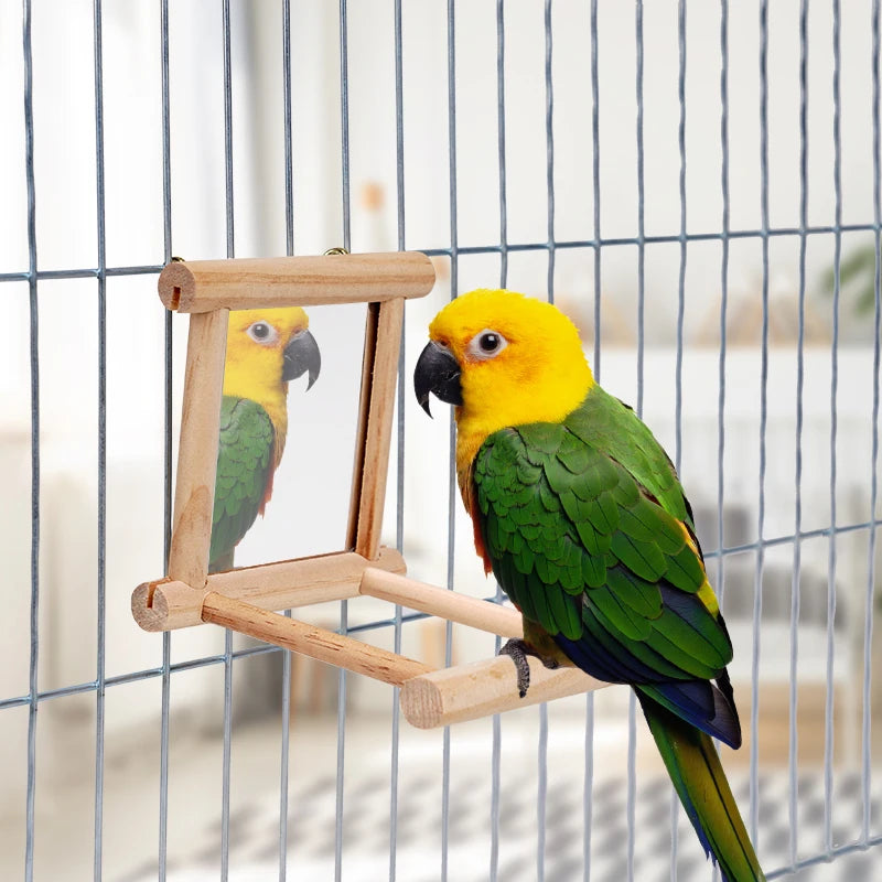 Bird Mirror Wooden Interactive Play Toy With Perch For Small Parrot Budgies Cockatiel Parakeet Conure Lovebird Cage Accessories
