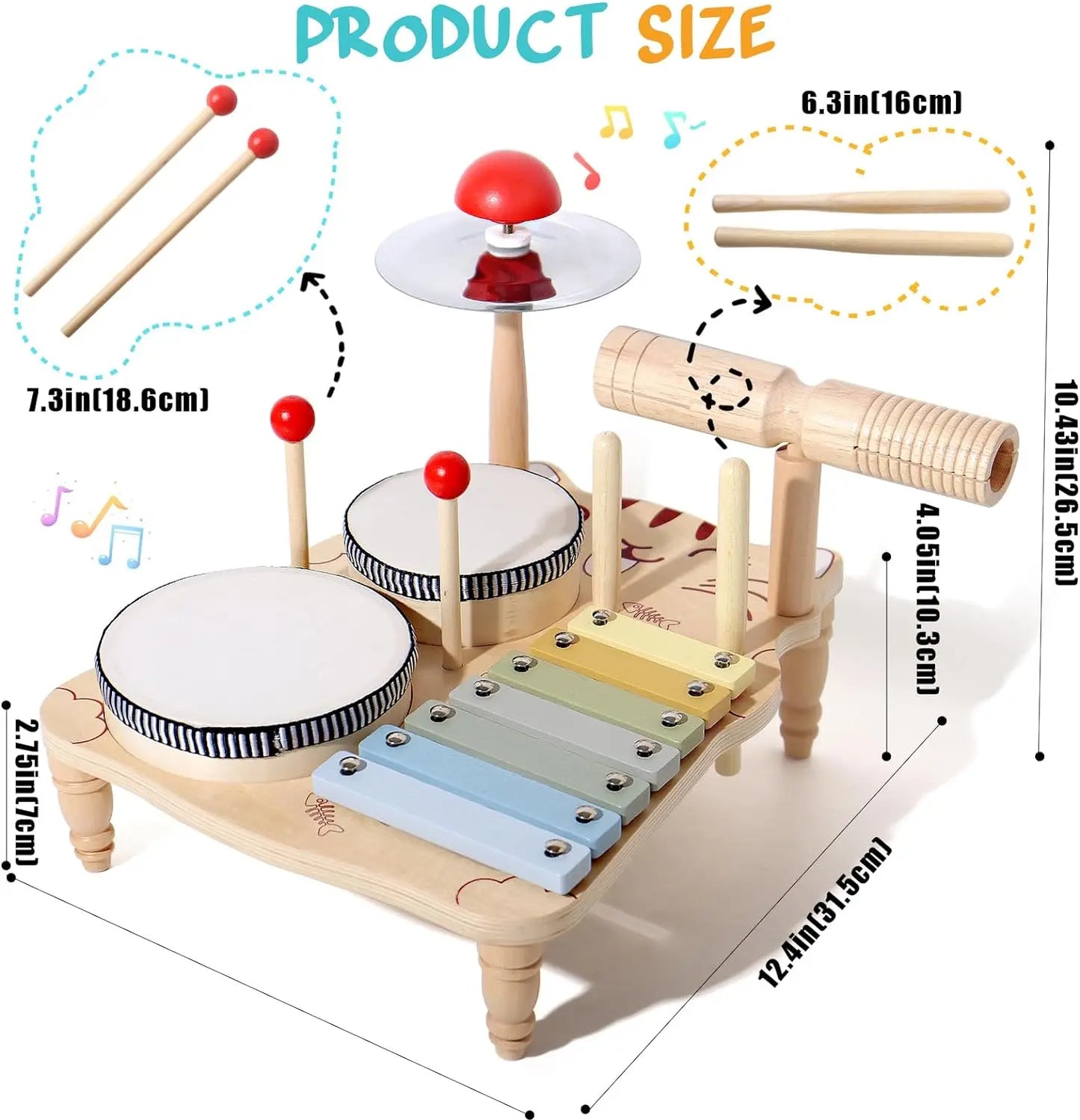 Wooden Xylophone Drum Set for Toddlers Montessori Musical Instruments Colorful Educational Toy