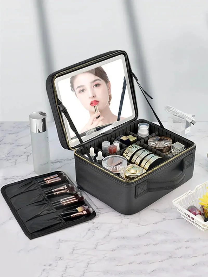 Smart LED Travel Makeup Case with Mirror Large Capacity Organizer for Women and Beauticians