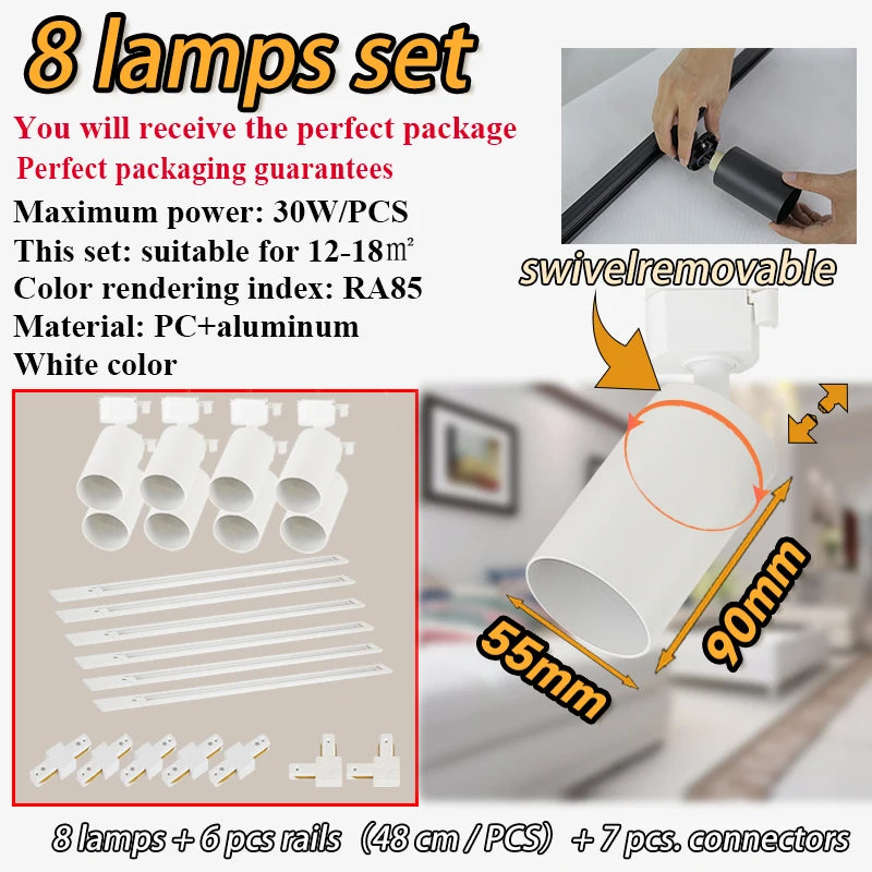 Dimmable GU10 Track Light Set Smart Home Spotlights Adjustable Ceiling Rail Lighting for Kitchen and Living Room