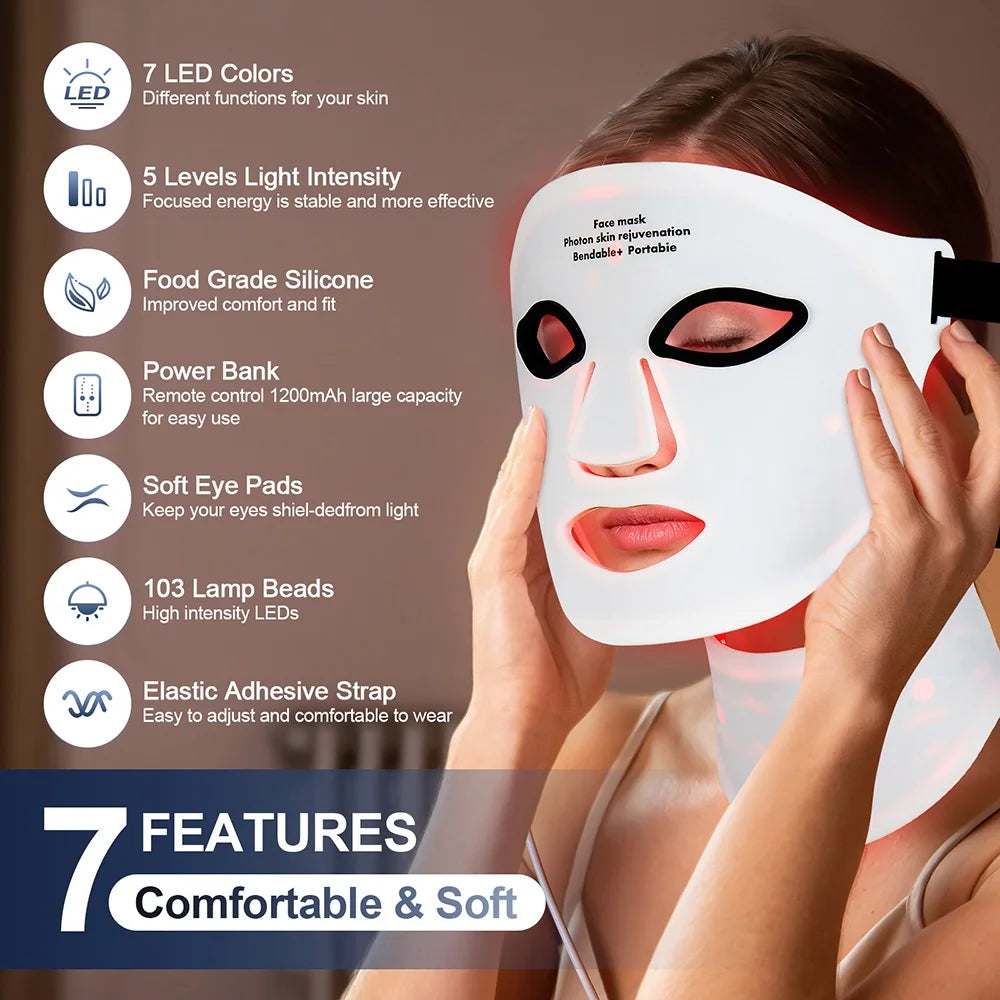 Silicone LED Mask Face With Neck 7 Colors Photon Therapy