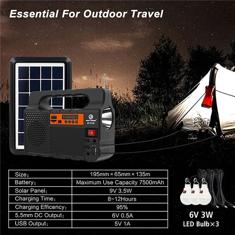 Solar Portable Lighting Solar Power Panel Generator Kit with 3 LED Bulbs for Camping and Hiking