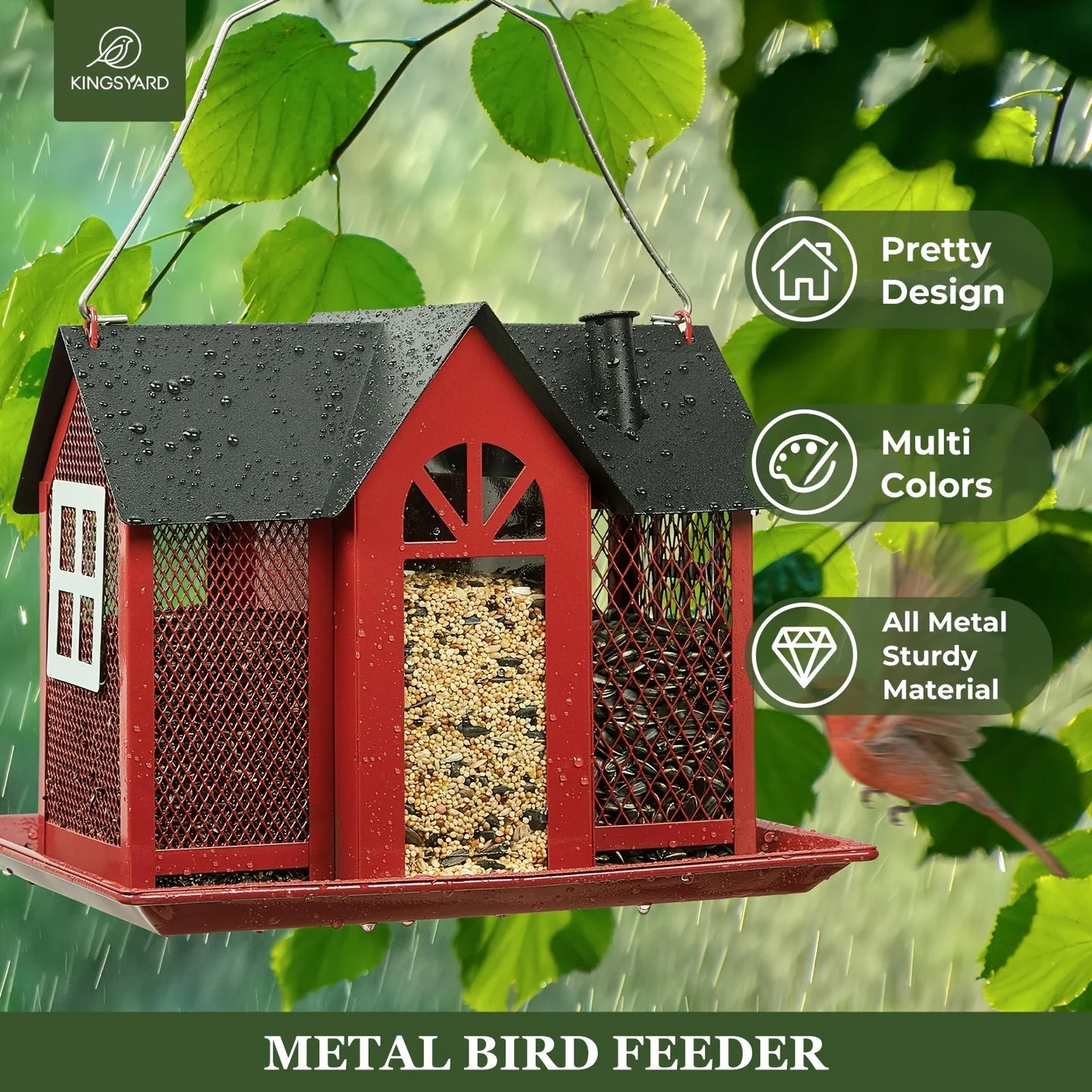Spacious metal mesh bird feeder with triple compartments. Durable, easy to hang outdoors. Perfect gift for bird lovers.