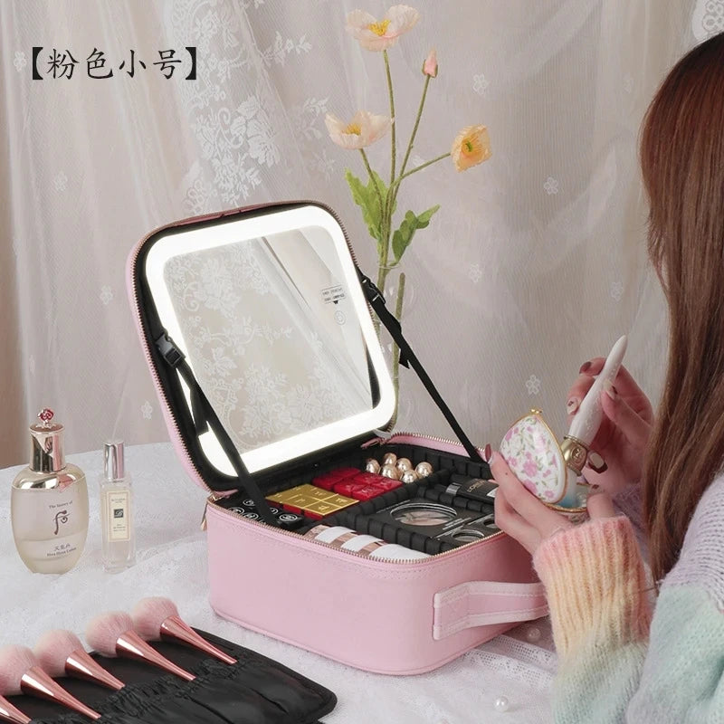 Smart LED Makeup Case with Mirror and USB Charging Waterproof Travel Cosmetic Bag for Women Portable Vanity with Adjustable Lighting