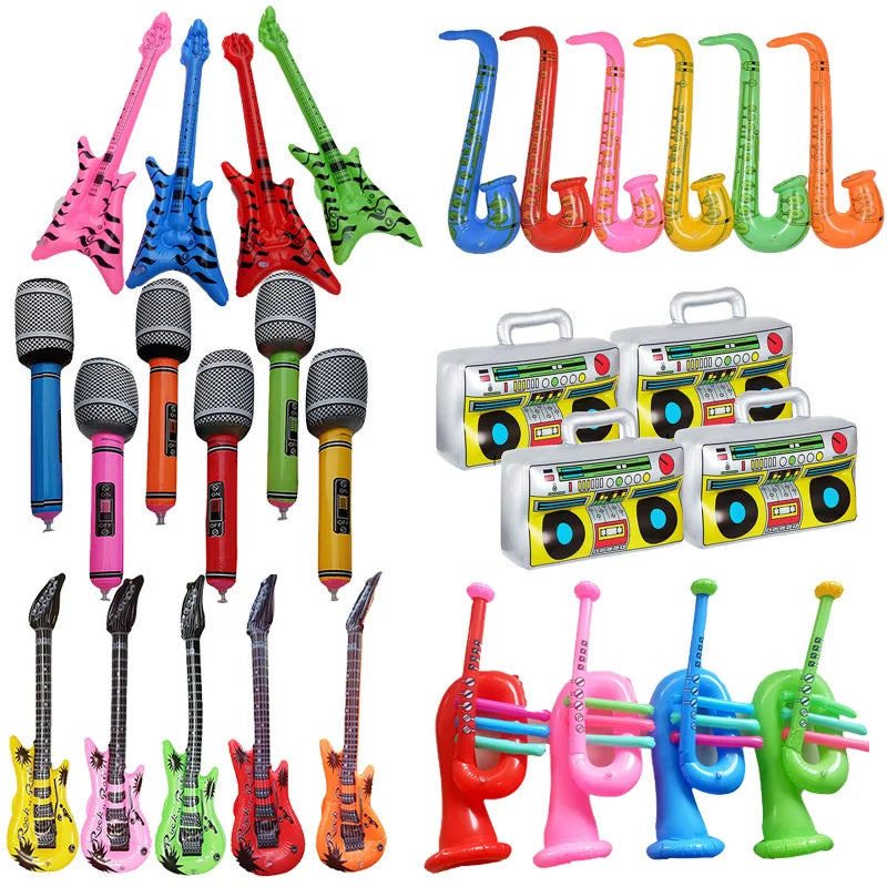 5 Piece PVC Musical Instrument Inflatable Balloon Set with Guitar and Microphone for Kids Birthday and Retro Party Decorations