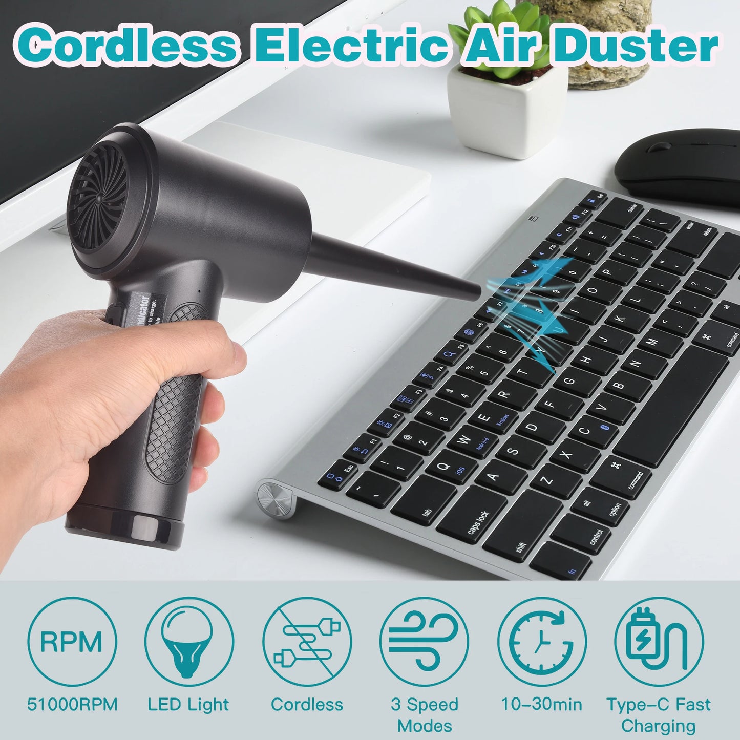 Portable Air Duster for Computer Cleaning Cordless Compressed Air Blower 51000 RPM with LED Light for Keyboard and PC Dust Removal