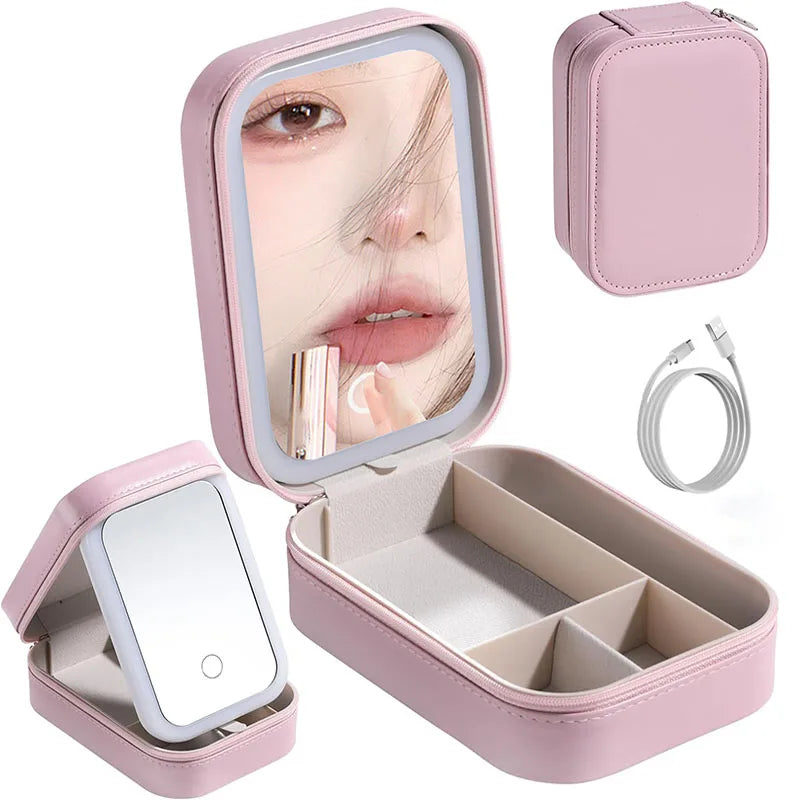LED Makeup Bag With Mirror And Light Portable Cosmetic Storage For Women Small Lipstick And Brush Organizer