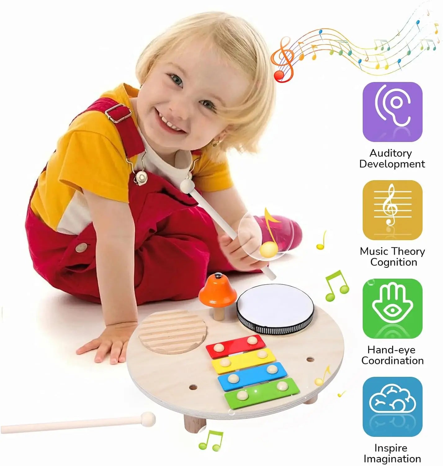 Wooden Xylophone Drum Set for Toddlers Montessori Musical Instruments Colorful Educational Toy