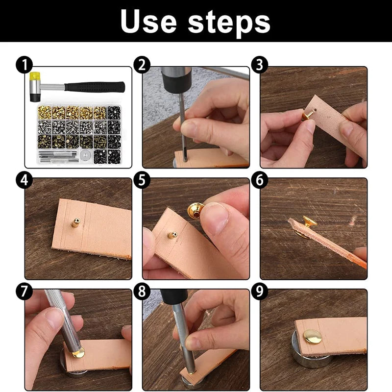 Kraball 360 Set Leather Rivets Double Cap Rivets Tool Kit with Tubular Rubber Hammer for Clothing and Shoe Decoration and Repair