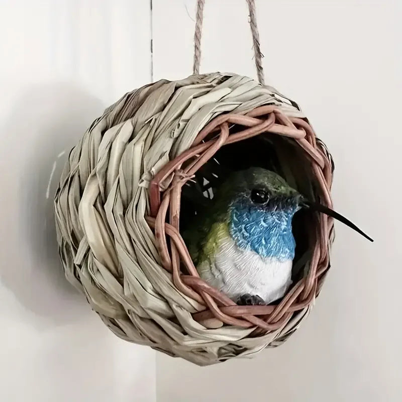 Bird Houses for Outdoor Hanging Handwoven Natural Grass Hanging Bird Houses Hummingbird Nest for Garden Window Outdoor Home