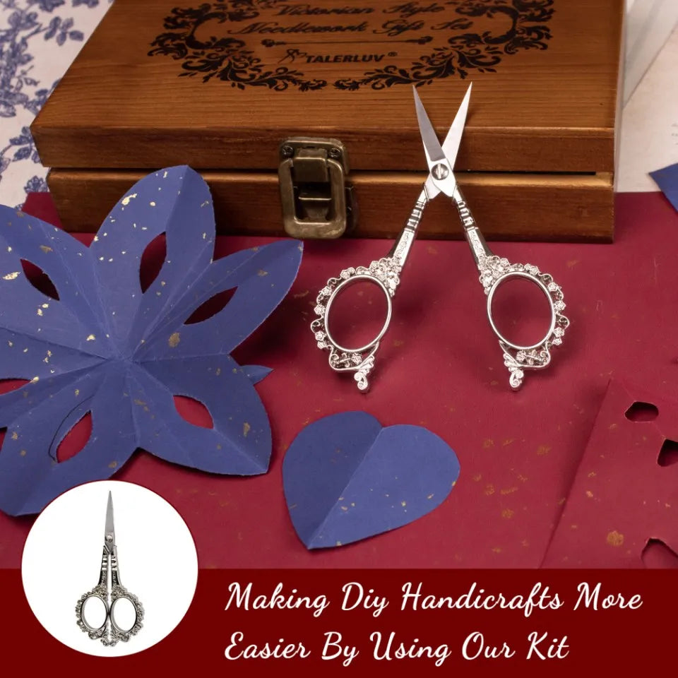 Vintage Sewing Kit Complete European Style Antique Embroidery Scissors Set with Needles and Craft Supplies for DIY Projects