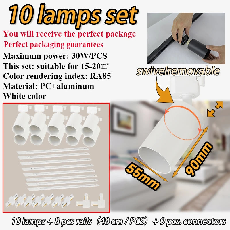 Dimmable GU10 Track Light Set Smart Home Spotlights Adjustable Ceiling Rail Lighting for Kitchen and Living Room