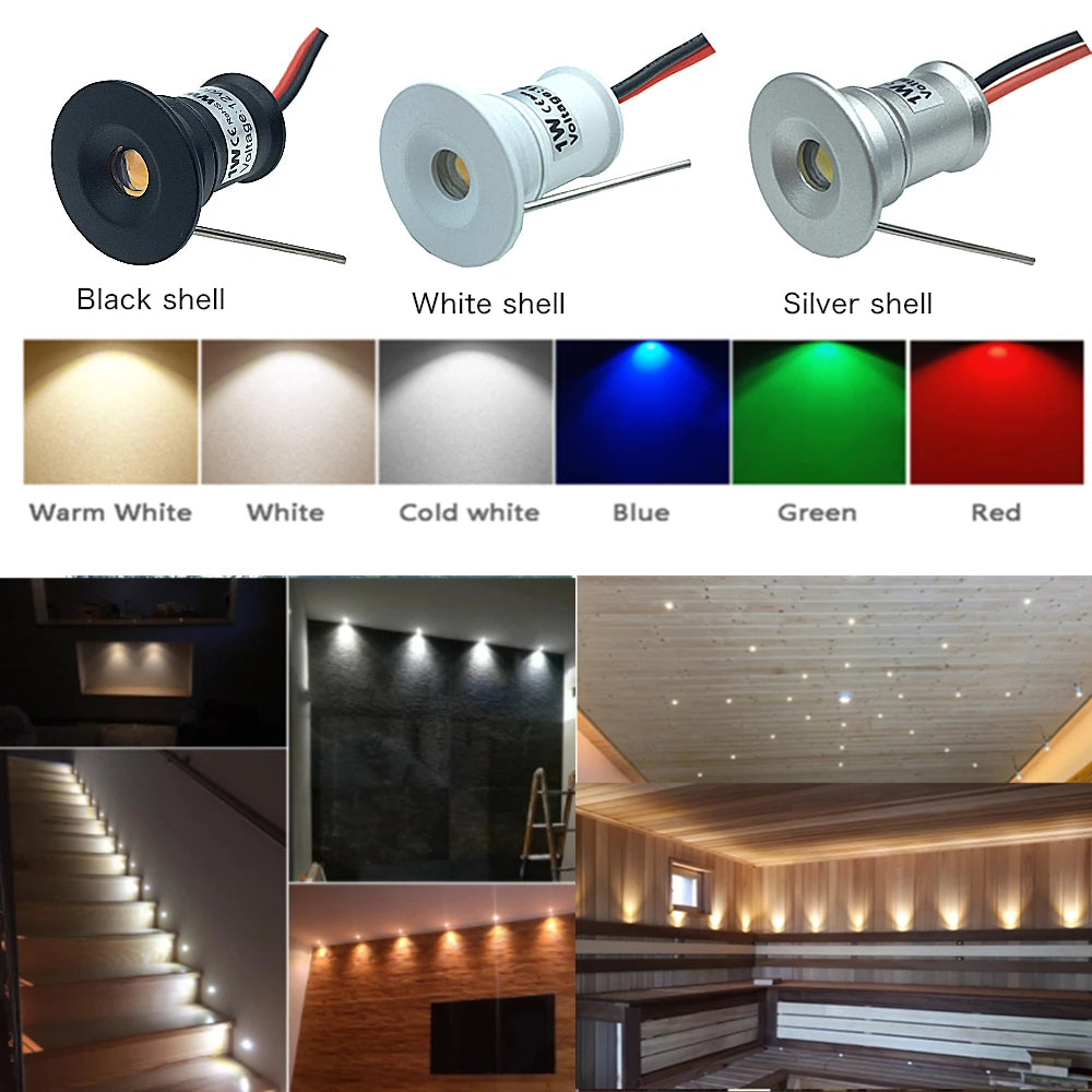 1W Mini Recessed LED Spotlight IP65 for Ceilings Cabinets and Stairs 15mm Downlight with 12V Transformer