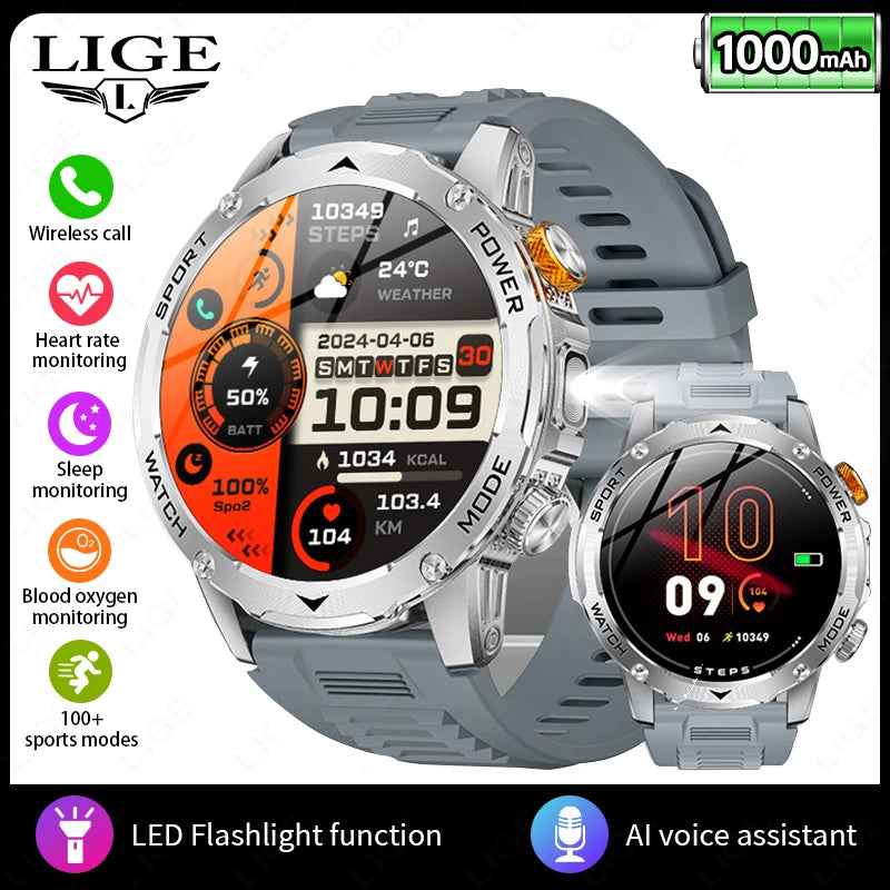 LIGE 2025 New For HUAWEI Xiaomi 1000mah AMOLED Smart Watch Men Sports Fitness LED Flashlight 3ATM Waterproof BT Call Smartwatch