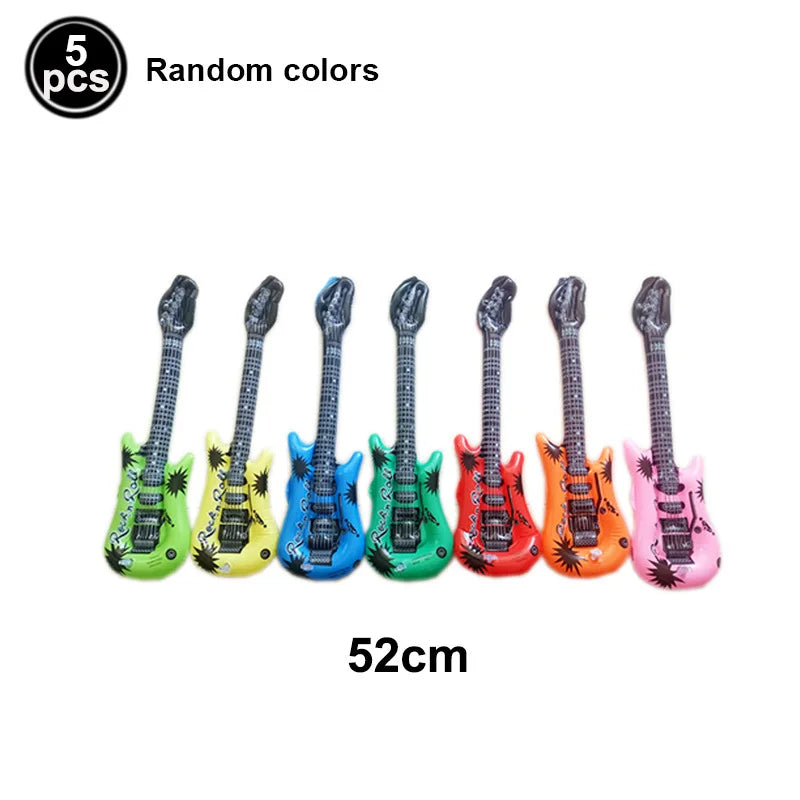 5 Piece PVC Musical Instrument Inflatable Balloon Set with Guitar and Microphone for Kids Birthday and Retro Party Decorations