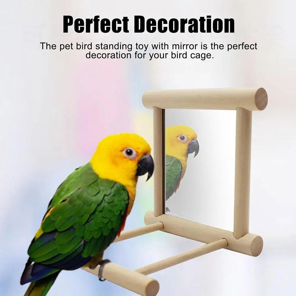 Wood Bird Mirror With Perch Stand Bird Toy Stand Bird Toy For Parrot Parakeets Cockatiels Cage Cage Parakeet Accessories