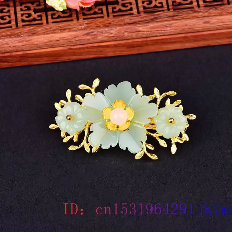 Green Jade Flower Barrette Hairpin 18K Gold Vintage Clip