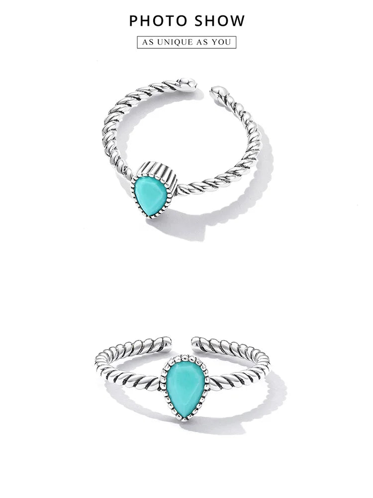 WOSTU 925 Sterling Silver Turquoise Waterdrop Ring for Women
