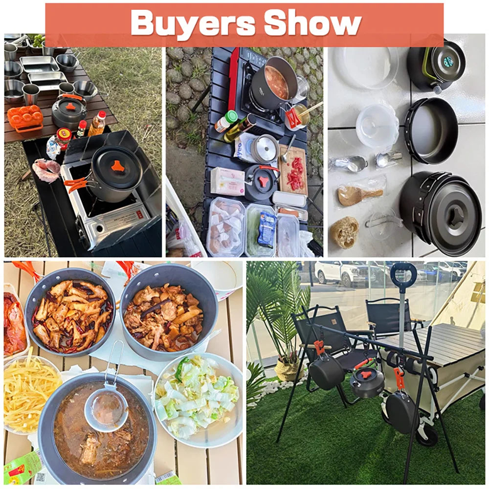 Camping Cookware Set for 2 to 3 People with Non-Stick Pots and Teapot Kit