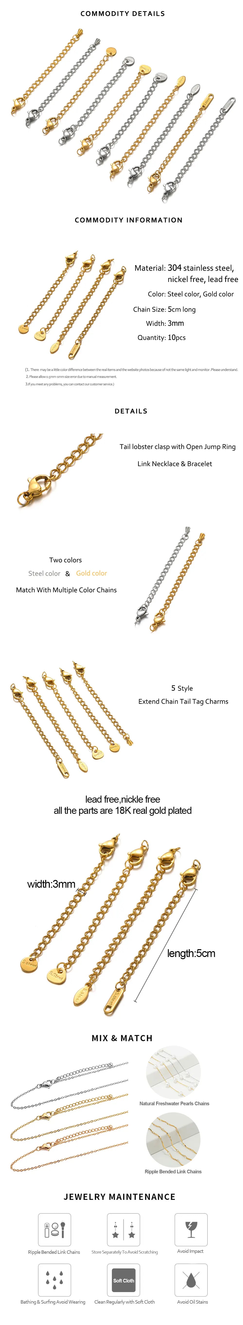 10pcs Stainless Steel Extension Chains with Lobster Clasps for DIY Necklace and Bracelet Making Supplies