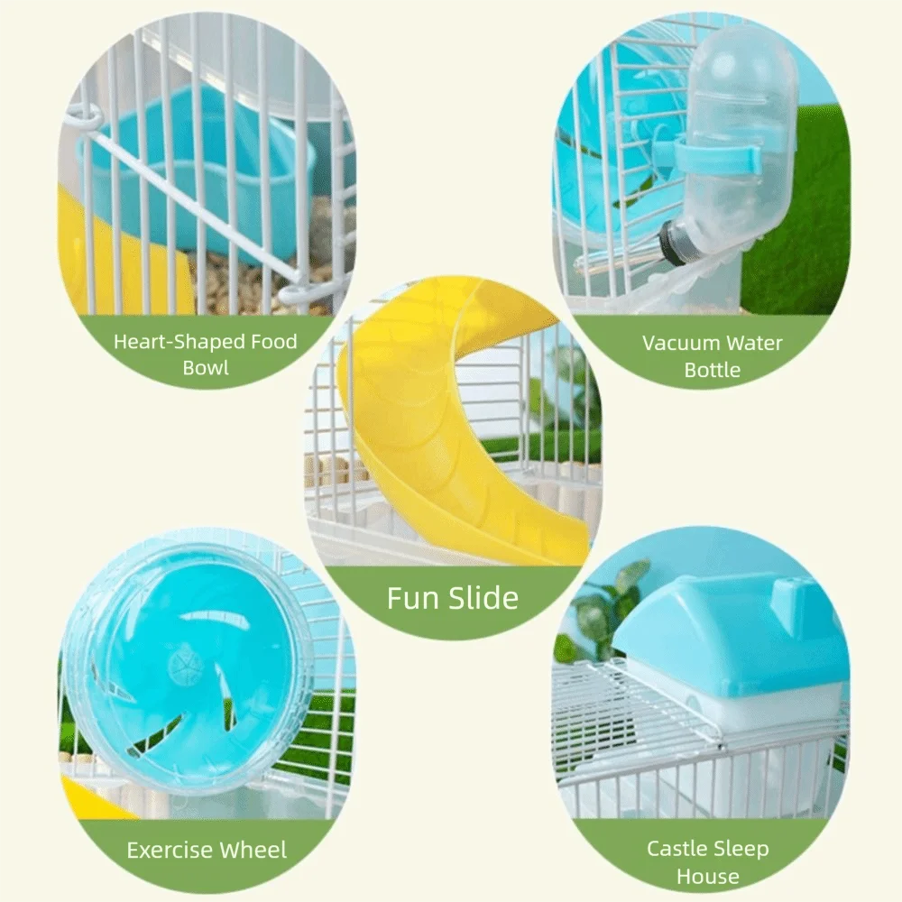 Ventilation Hamster Double-storey Villa Removable Feeding Bottle Pet Castle Cage with Running Wheel with Handle