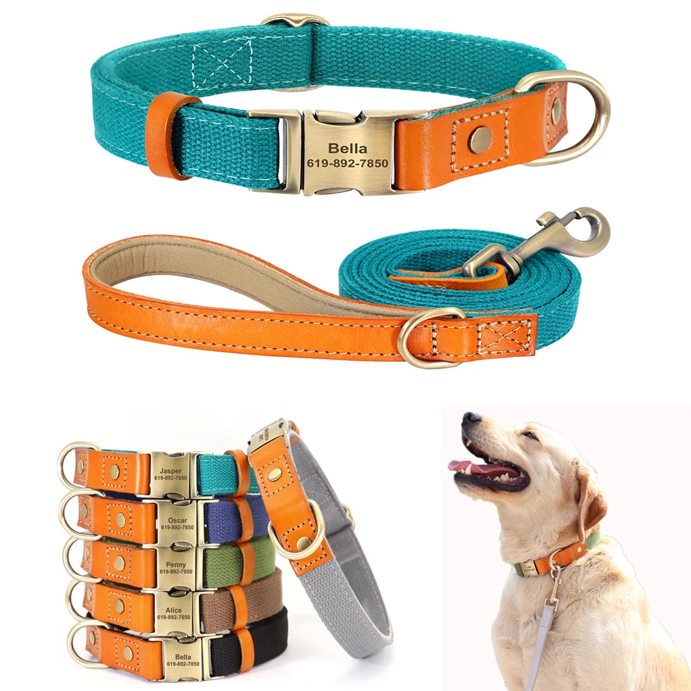 Nylon Custom Dog Collar and Leash Set with Personalized Genuine Leather Nameplate ID Tag for Puppies